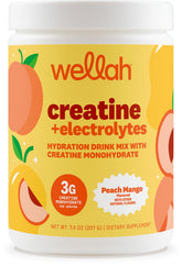 Wellah creatina electrolitos frontal del envase mostrando 30 servicios y sabor peach mango