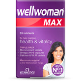 Wellwoman frasco frontal mostrando el pack 3 en 1 y conveniencia diaria