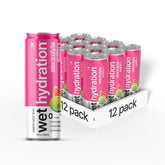 WET HYDRATION presentación frontal del pack de 12 latas, práctico y refrescante