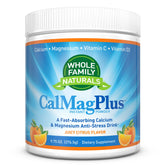 Whole Family Naturals envase CalMag Plus al frente mostrando el diseño y sabor naranja