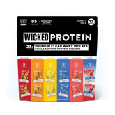 WICKED Protein frente del pack variedad mostrando 12 sobres y 6 sabores, práctico para llevar