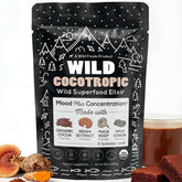 Wild Foods empaque frontal mostrando cacao y hongos, beneficio: confianza orgánica