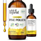 Wild & Organic botella frontal mostrando polen de pino y ventaja de dosificación clara
