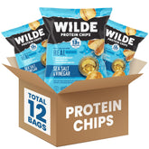 WILDE empaque frontal Sea Salt & Vinegar mostrando pack de 12 bolsas y beneficio proteína