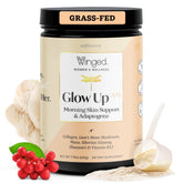 Winged Wellness envase Glow Up AM vista frontal que muestra diseño y 21 servicios