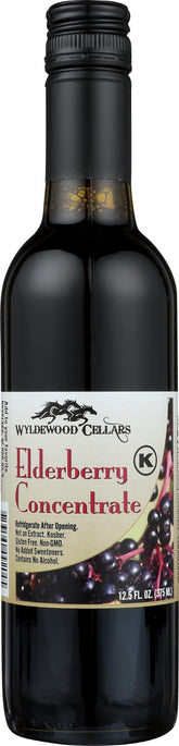 Wyldewood Cellars frasco frontal de concentrado de saúco, muestra claro y natural