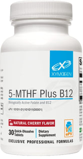 XYMOGEN frasco frontal del suplemento 5-MTHF Plus B12 mostrando diseño y tamaño