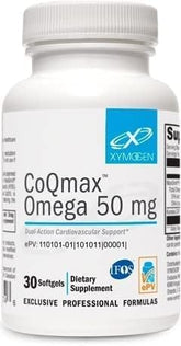XYMOGEN envase CoQmax Omega frente mostrando marca y beneficio