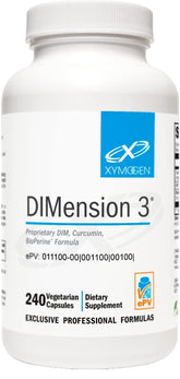 XYMOGEN envase DIMension 3 vista frontal, presenta beneficio apoyo hormonal