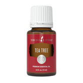 Young Living frasco frontal mostrando el aceite Tea Tree para uso versátil