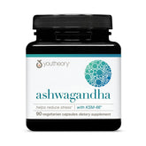 Youtheory Ashwagandha vista frontal con diseño claro y beneficios visibles