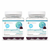 Youtheory envase frontal de gomas de ashwagandha con diseño claro y beneficios visibles
