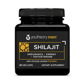 Youtheory envase frontal de Shilajit mostrando presentación de 90 cápsulas y beneficio de conveniencia