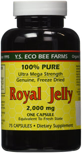 YS Organic frasco frontal mostrando etiqueta y 75 cápsulas, almacenamiento seguro