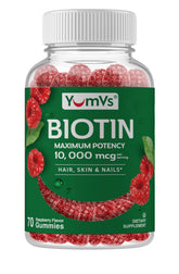 YUM-V'S botella frontal con gomitas de biotina, presentación clara y beneficio práctico