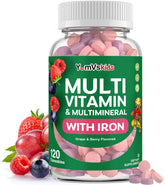 YUM-V'S frasco frontal mostrando 120 masticables, fácil identificación y duración