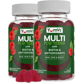 YUM-V'S frente del empaque mostrando frambuesa y beneficios para adolescentes