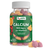 YUM-V'S envase frontal de calcio y vitamina D3 mostrando 60 unidades y beneficios
