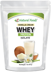 Z Natural Foods envase frontal mostrando vainilla cream, conveniente y claro