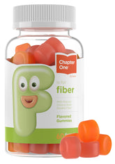 Zahler frasco delantero de Chapter One Fiber Gummies mostrando el envase claro y beneficios