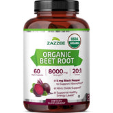 Zazzee frasco frontal mostrando extracto de remolacha y beneficios orgánicos