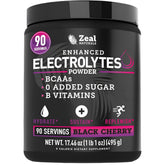 Zeal Naturals vista frontal del envase mostrando sabor Black Cherry y beneficios