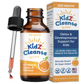 Zeo Health frasco frontal de gotas naranjas para niños, presentación segura y atractiva