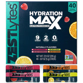 ZestLytes frente del empaque mostrando 40 sobres y sabores, hidratación rápida