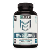 ZHOU frasco frontal de Magnesium Glycinate mostrando etiqueta y beneficio relajación