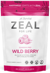 Zurvita Zeal envase frontal mostrando etiqueta y sabor frutos rojos, práctico consumo