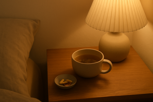 Taza de té caliente junto a cápsulas de suplemento sobre una mesa de noche