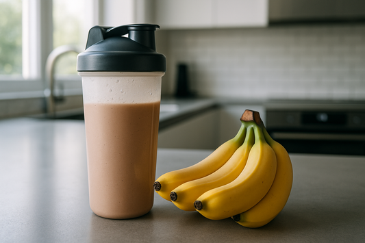 Vaso mezclador con batido de proteína junto a plátanos en una cocina