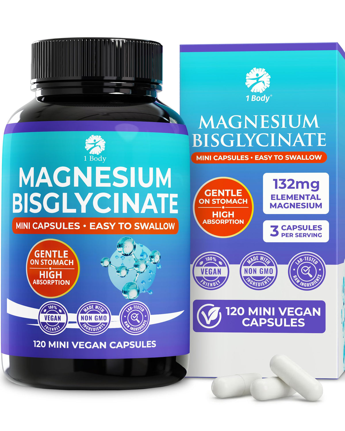 1 Body botella frontal mostrando 120 cápsulas y beneficios de absorción
