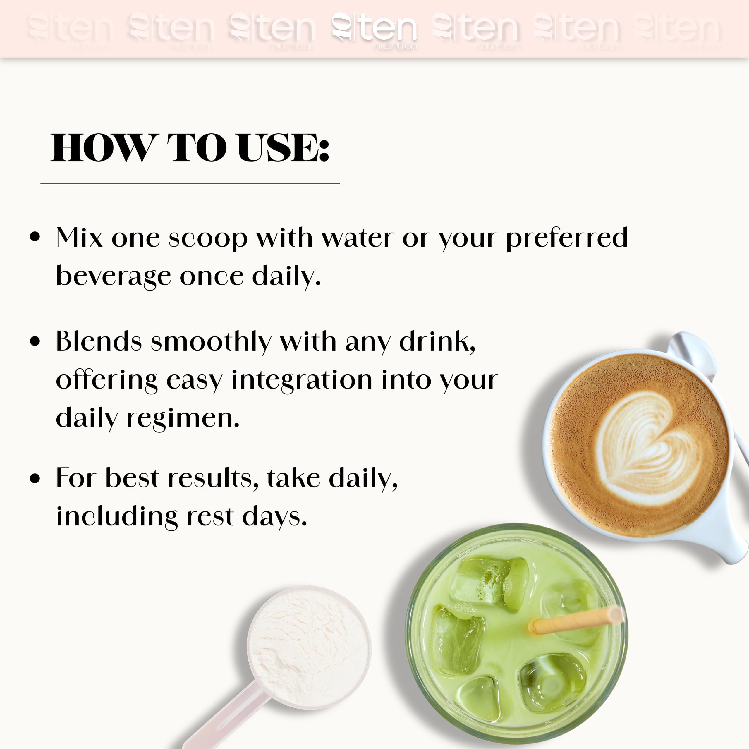 10Ten Nutrition cuchara junto a moneda mostrando tamaño de la porción y control de dosis