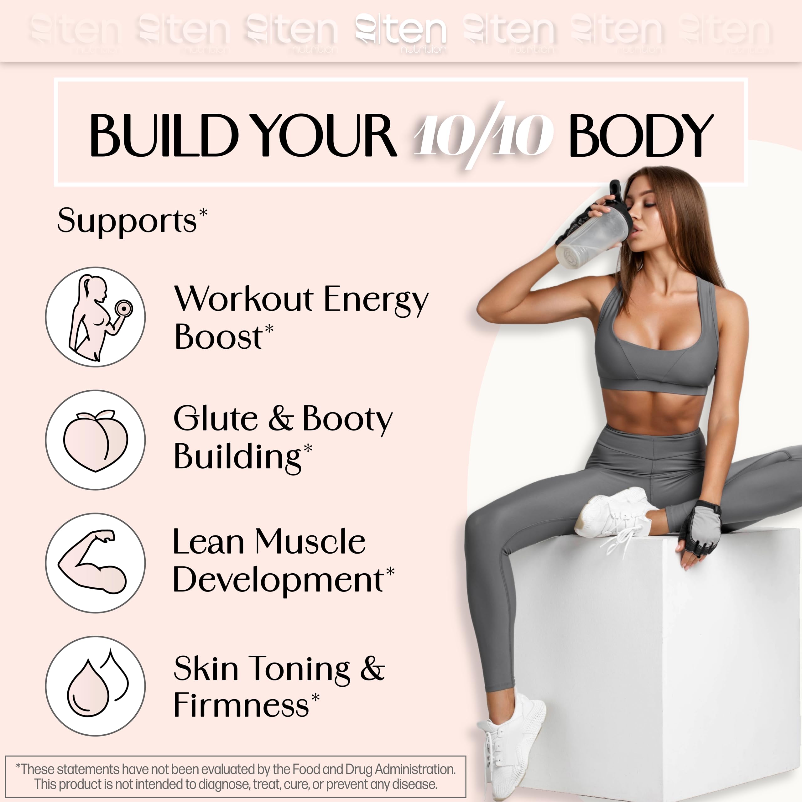 10Ten Nutrition cuchara con polvo subrayando dosificación precisa y fácil uso