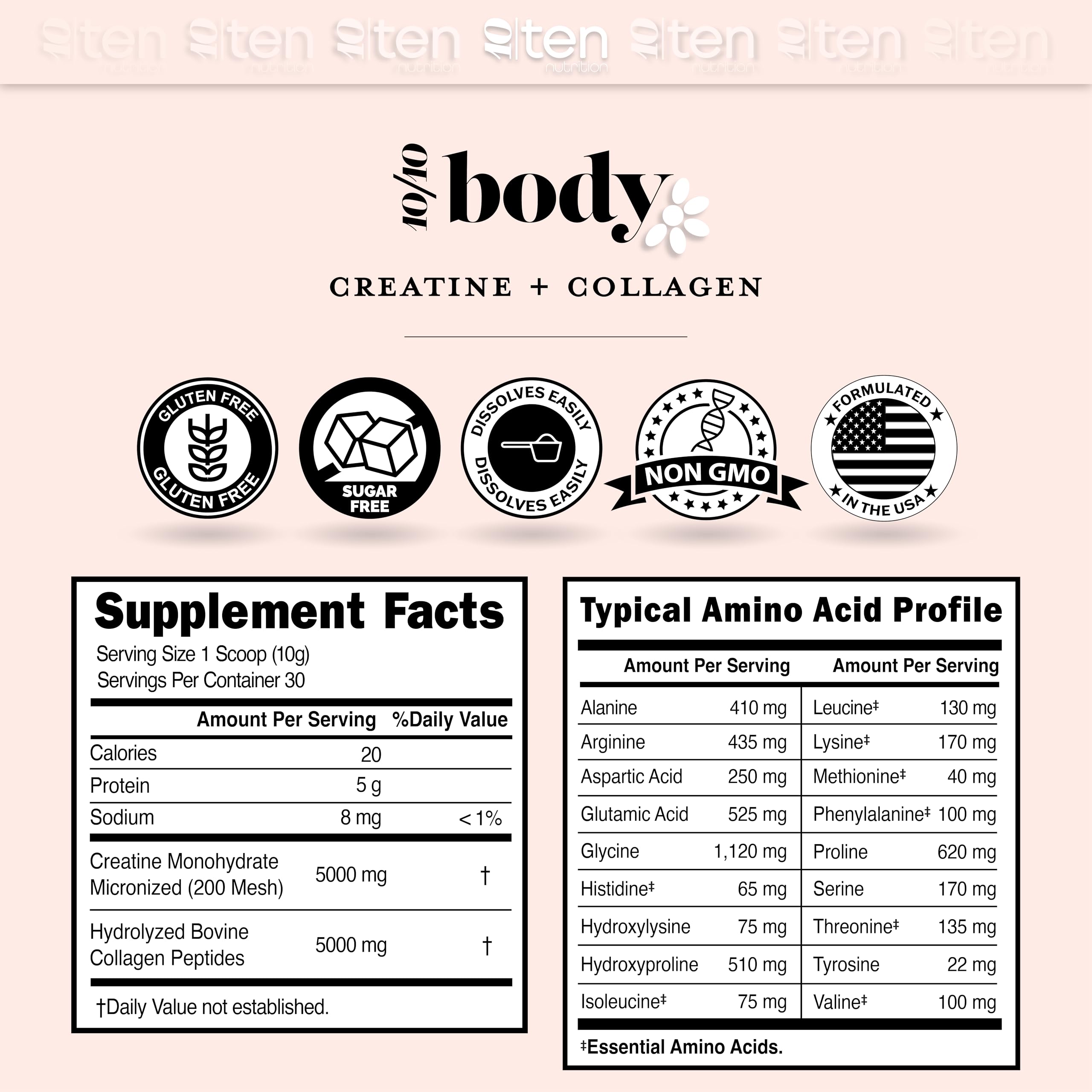 10Ten Nutrition etiqueta en detalle explicando ingredientes y garantía de calidad