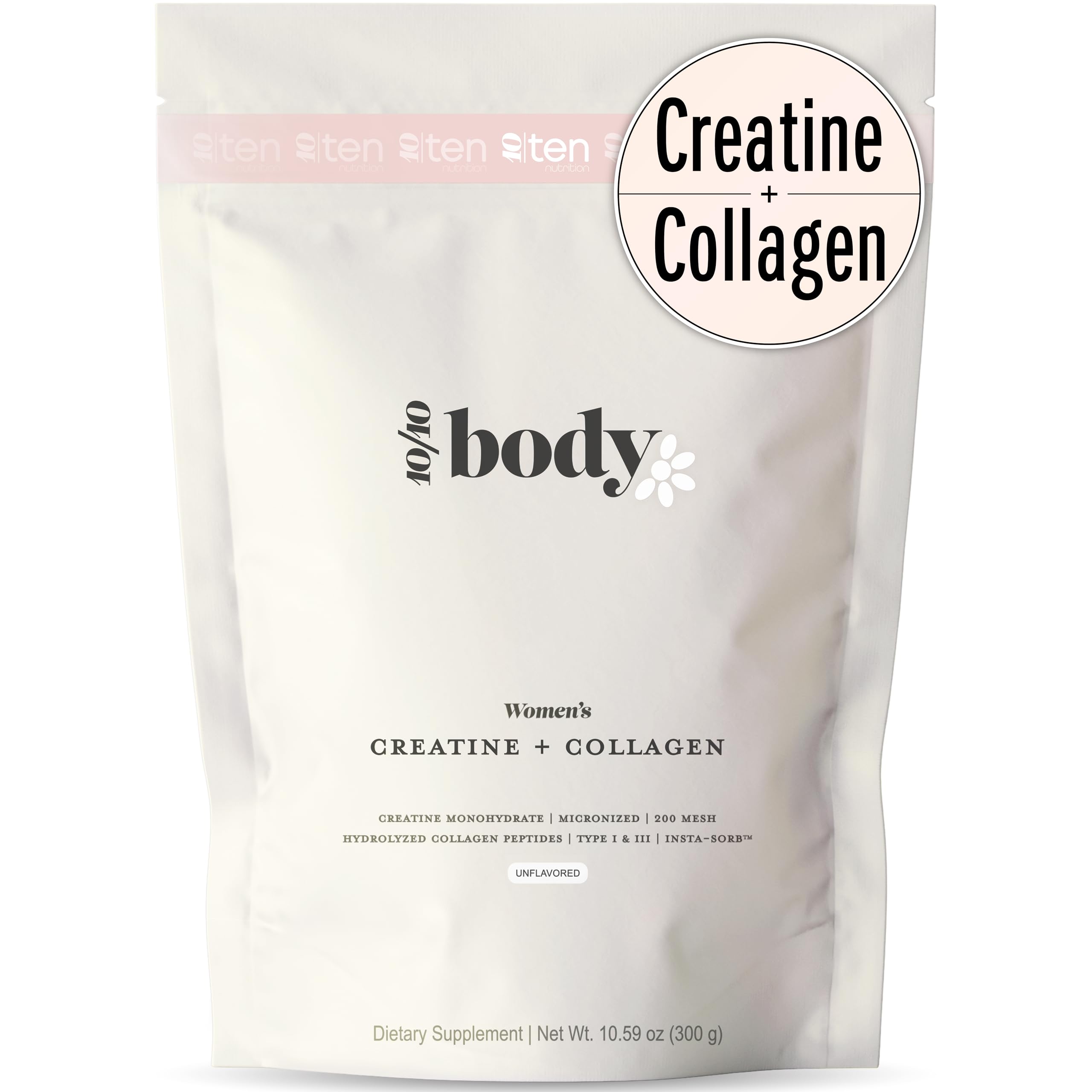 10Ten Nutrition envase frontal mostrando mezcla creatina y colágeno y beneficio de energía