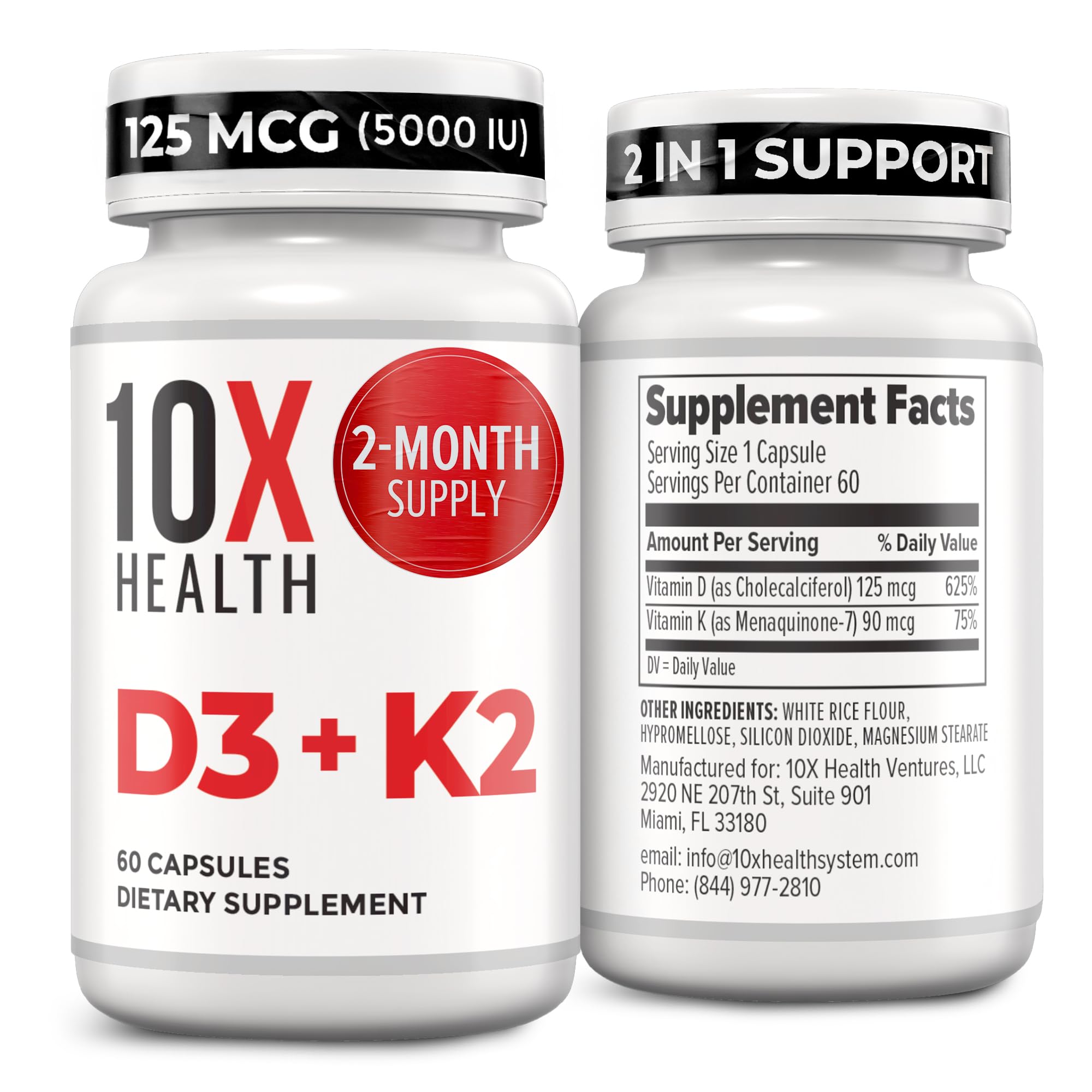 10X Health botella frontal mostrando D3 5000 IU y K2 MK‑7, beneficio claridad de dosis