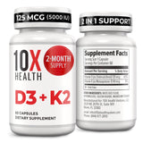 10X Health botella frontal mostrando D3 5000 IU y K2 MK‑7, beneficio claridad de dosis