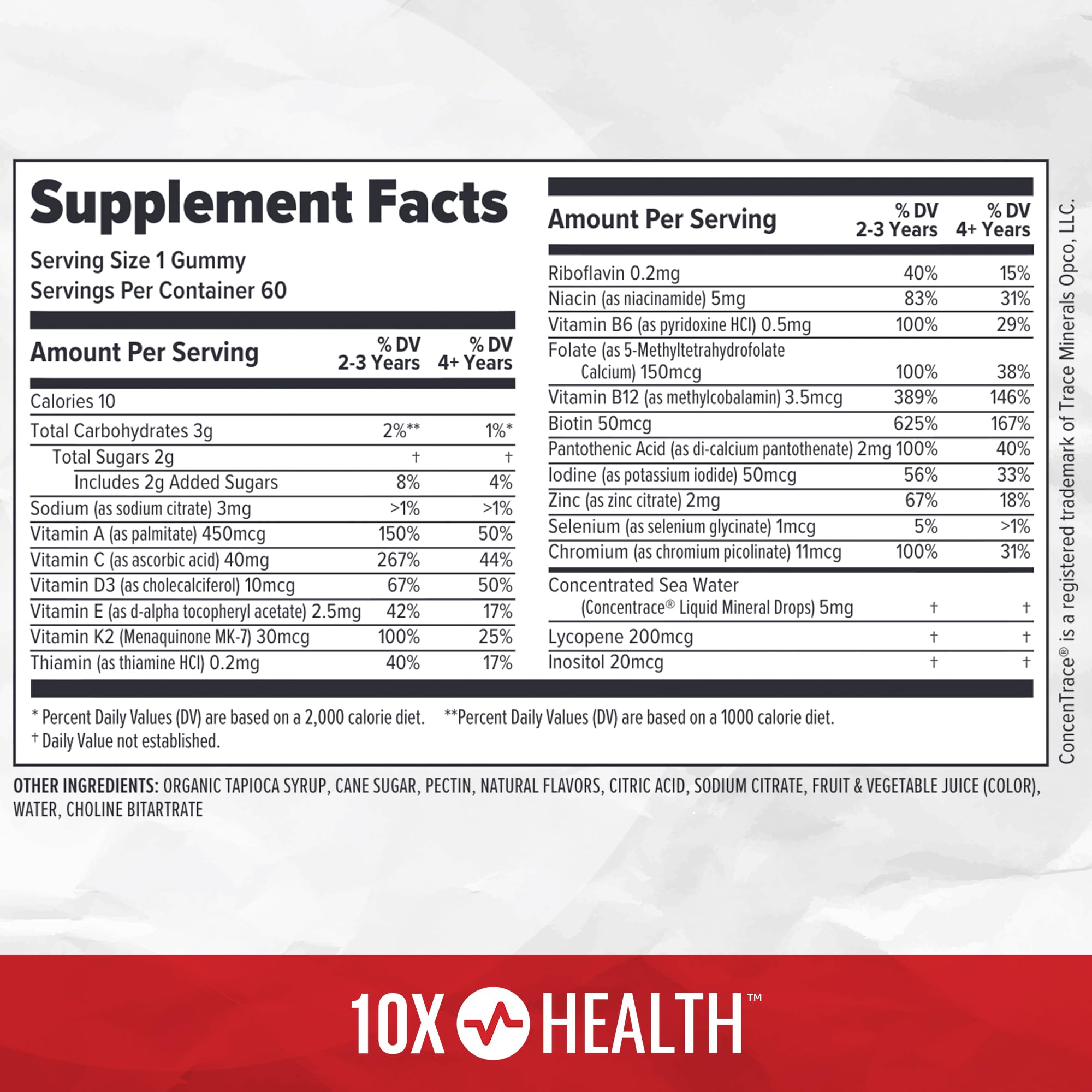 10X Health envase abierto con 60 gomitas para suministro prolongado
