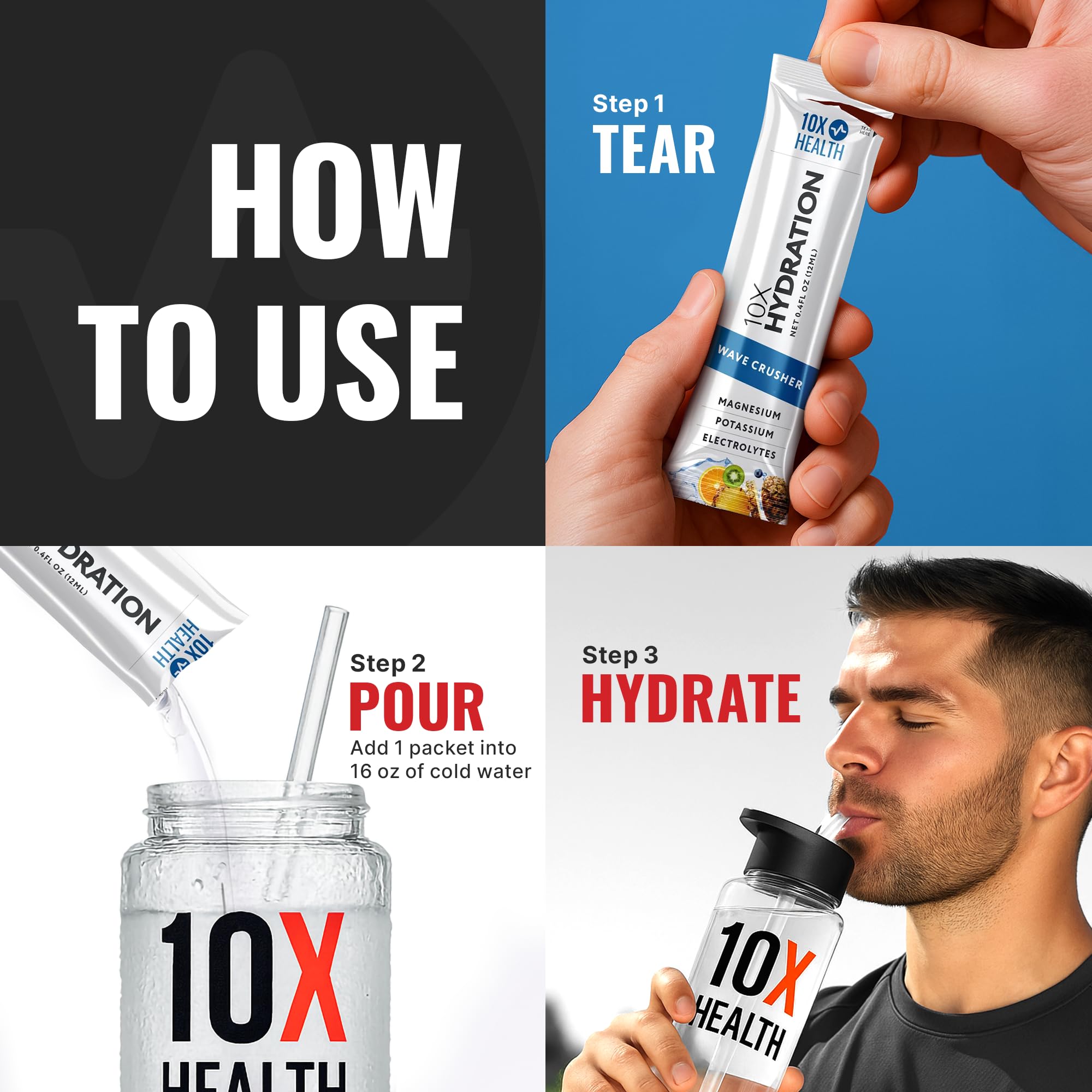 10X Health uso en gimnasio con botella, recarga de electrolitos eficiente