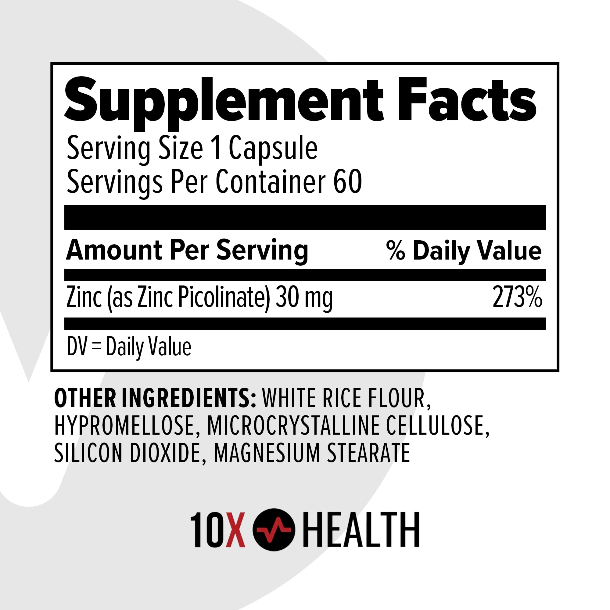 10X Health cápsula de zinc picolinato en detalle para absorción eficaz