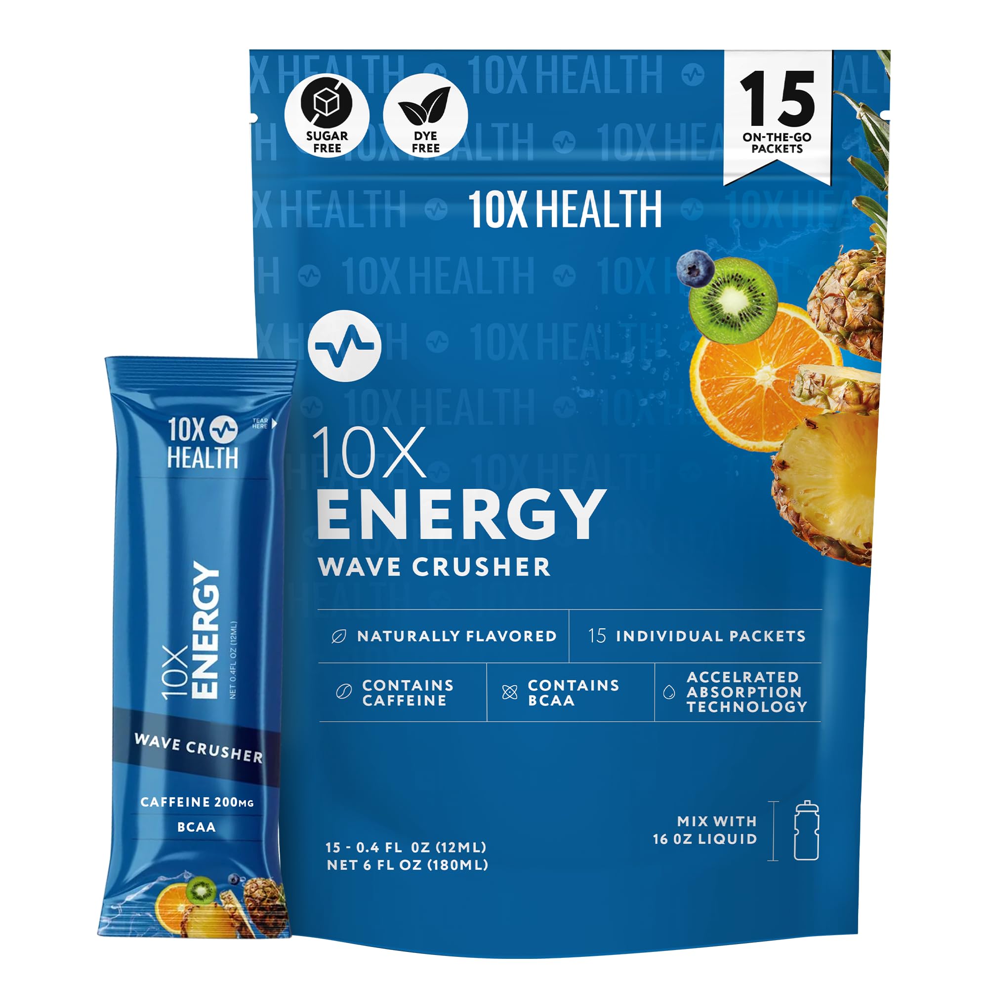 10X Health paquete frontal mostrando 15 sobres y beneficio de energía portátil