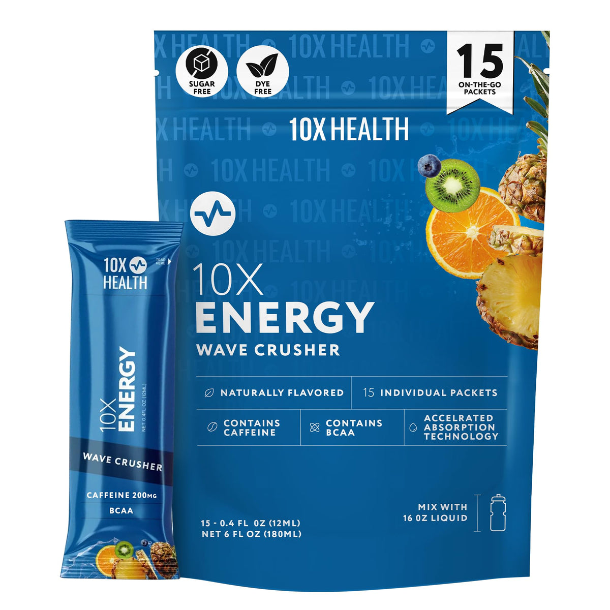 10X Health paquete frontal mostrando 15 sobres y beneficio de energía portátil