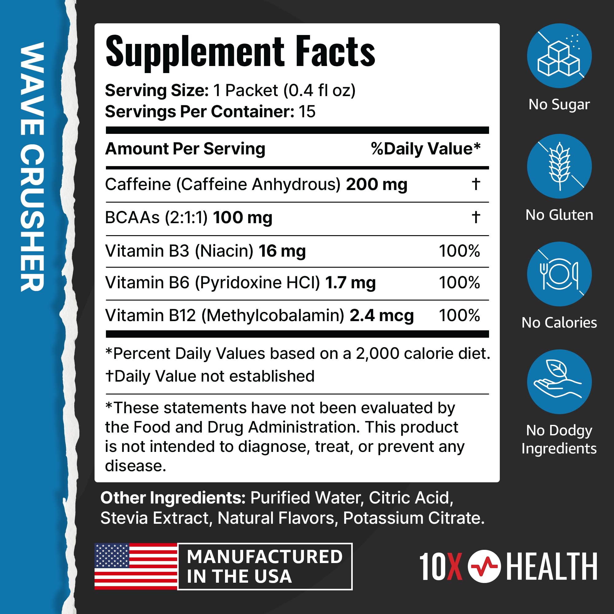 10X Health etiqueta de ingredientes resaltando calidad y pruebas por lote