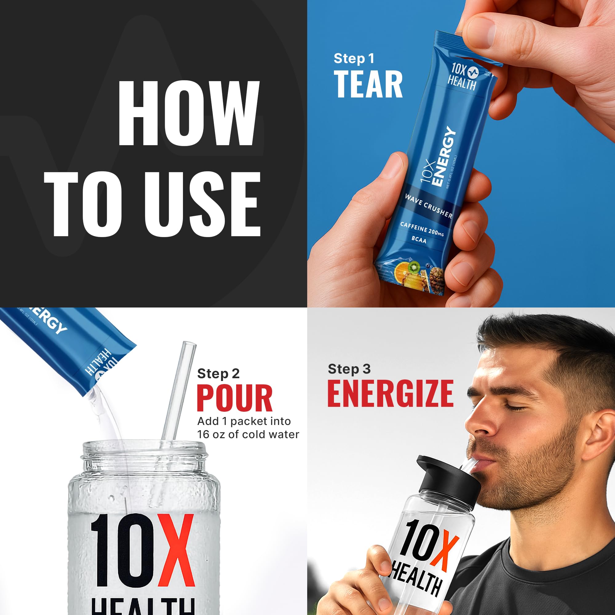 10X Health bebida preparada en vaso demostrando mezcla clara y rápida absorción