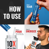 10X Health bebida preparada en vaso demostrando mezcla clara y rápida absorción