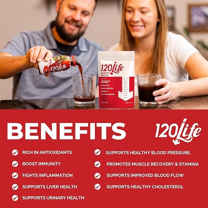 120LIFE vaso preparado con bebida rojiza listo para consumo matutino