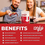 120LIFE vaso preparado con bebida rojiza listo para consumo matutino