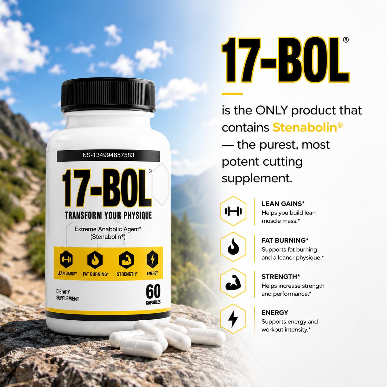 17-BOL etiqueta Stenabolin visible, explica fórmula basada en DHEA